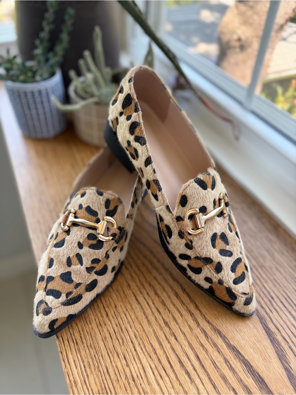 Leopard Print Pointed Toe Loafers with Gold Bit Hardware - Women